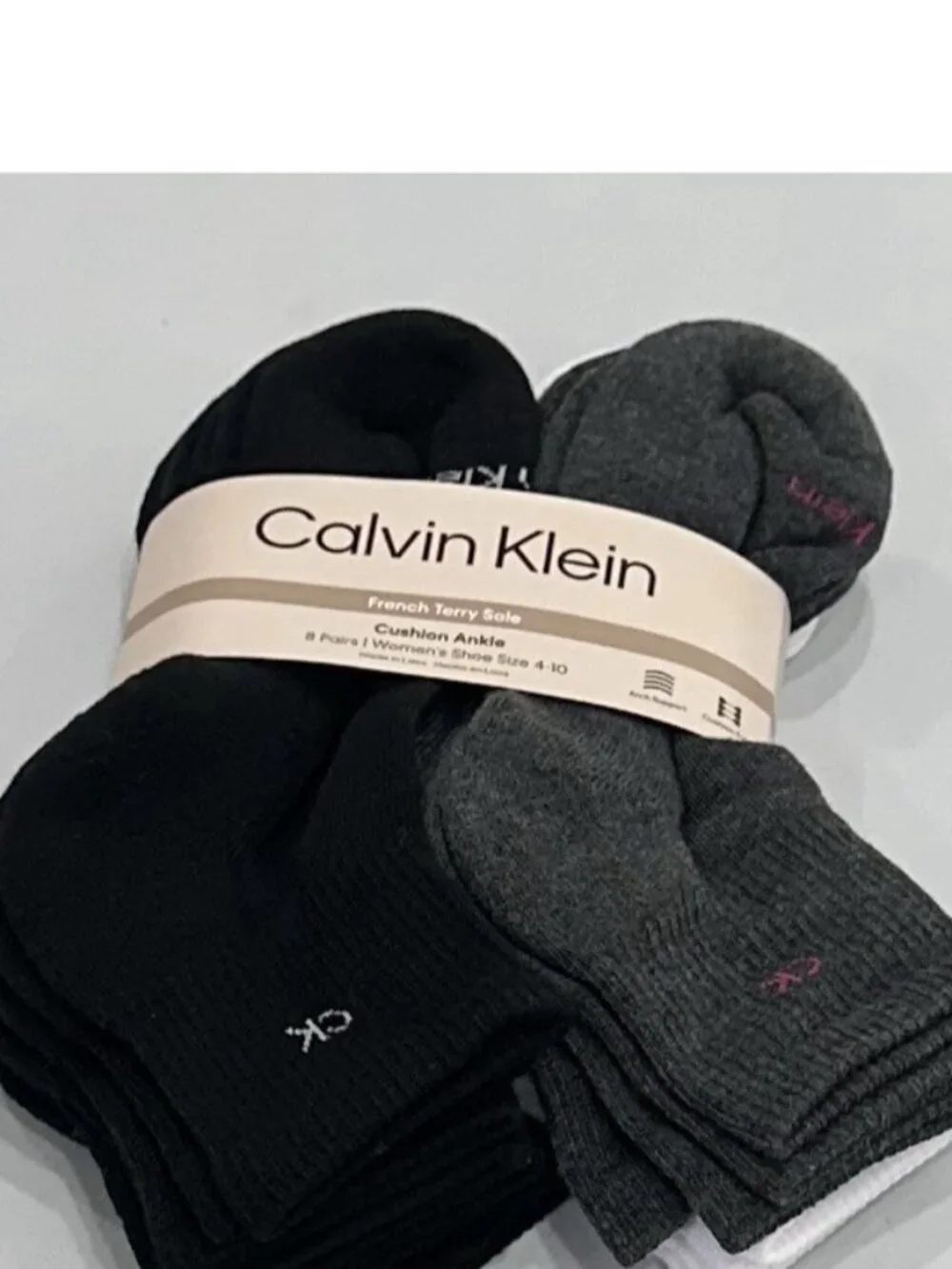Calvin Klein Women's 8-Pairs French Terry Sole Cushion Ankle Socks, Multi, 4-10